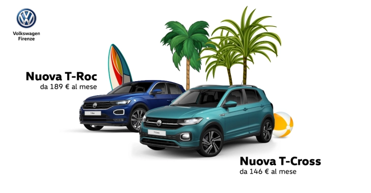 Una selezione di vetture in pronta consegna con “PVV - Volkswagen Firenze: risparmi e ritiri”: T-Cross a 146€ al mese e T-Roc a 189€ al mese